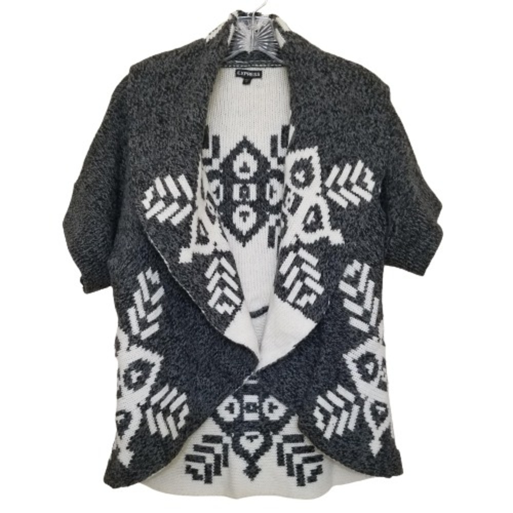 Express Gray White Geometric Merino Wool Cardigan Sweater S Nordic Southwestern